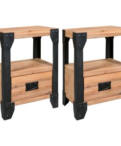 Comodini 2 Pz Legno Massello Di Acacia E Acciaio 40x30x54 cm