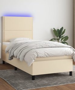 Letto A Molle Con Materasso E Led Crema 100x200cm In Tessuto
