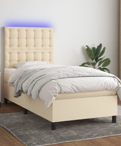 Letto A Molle Con Materasso E Led Crema 100x200cm In Tessuto