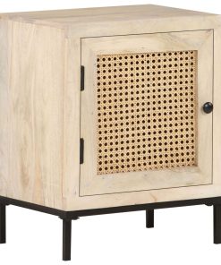 Comodino 40x30x50 Cm Legno Massello Di Mango E Canna Naturale