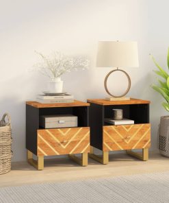 Comodini 2 Pz Marrone E Nero In Legno Massello Di Mango