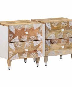 Comodini 2pz 40x33,5x46 Cm In Legno Massello Di Mango