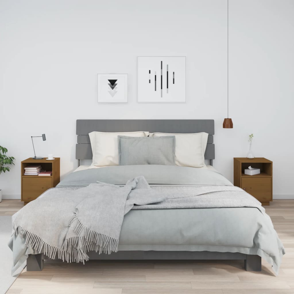 Comodini Ambrati 2 Pz 40x34x55 Cm In Legno Massello Di Pino