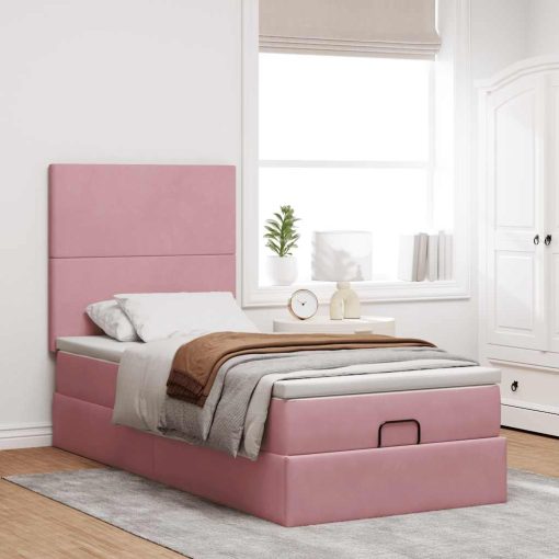 Struttura Letto Pouf Con Materassi Rosa 90x190 Cm In Velluto - Image 3