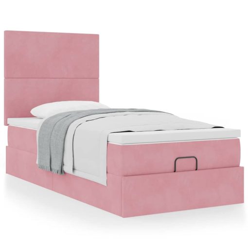 Struttura Letto Pouf Con Materassi Rosa 90x190 Cm In Velluto - Image 4