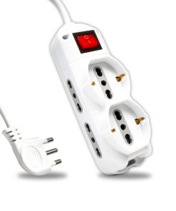 Multipresa Con Cavo 1,5m E 6x Prese 10/16a (4x Laterali Bipasso + 2x Frontale Bipasso/schuko), Spina 16a E Interruttore Colore Bianco