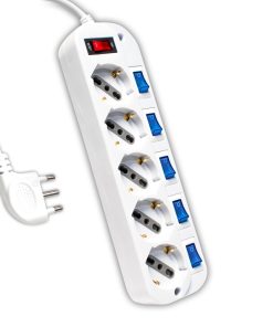 Multipresa Con Cavo 1,5m E 5x Prese Bipasso/schuko 10/16a, Spina 16a E Interruttori Indipendenti + Generale Colore Bianco