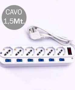 Multipresa Con Cavo 1,5m E 6x Prese Bipasso/schuko 10/16a, Spina 16a E Interruttori Indipendenti + Generale Colore Bianco
