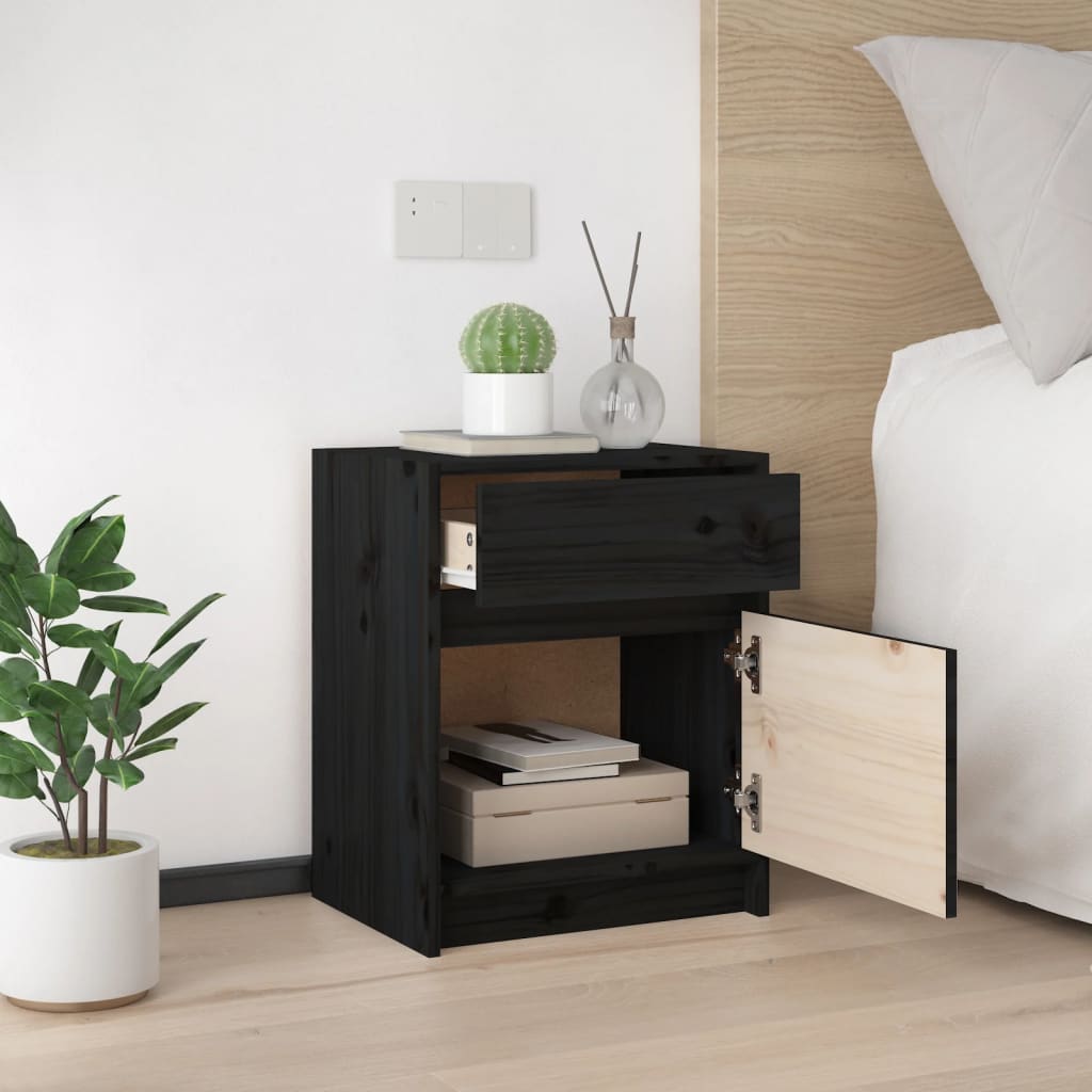Comodini 2 Pz Neri 40x31x50 Cm In Legno Massello Di Pino