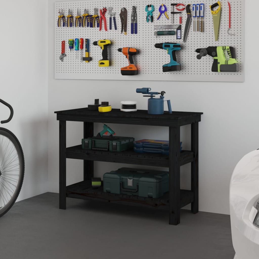 Banco Da Lavoro Nero 110,5x50x80 Cm In Legno Massello Di Pino - Image 4