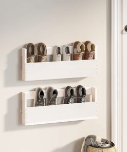 Scarpiere A Parete 2 Pz Bianco 59x9x23cm Legno Massello Di Pino