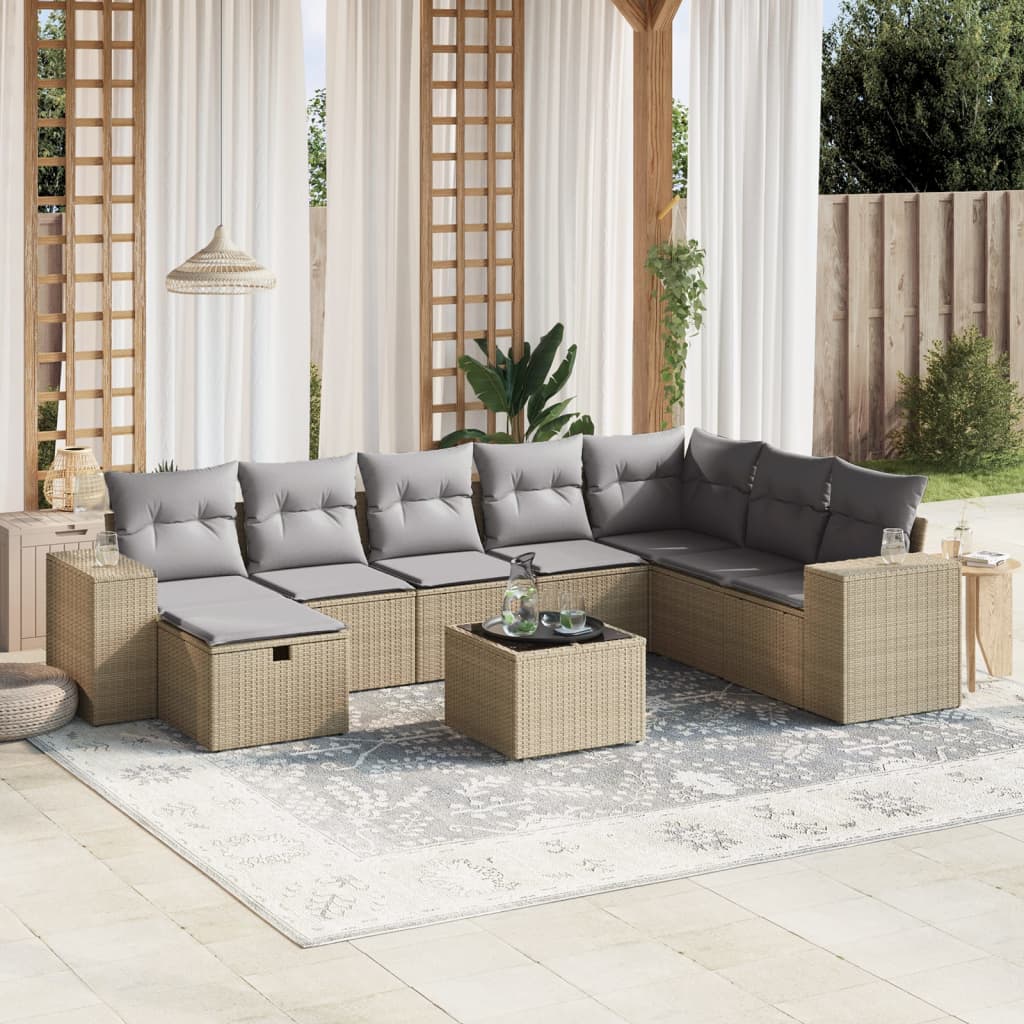 Set Divano Da Giardino 9 Pz Con Cuscini Beige Misto Polyrattan