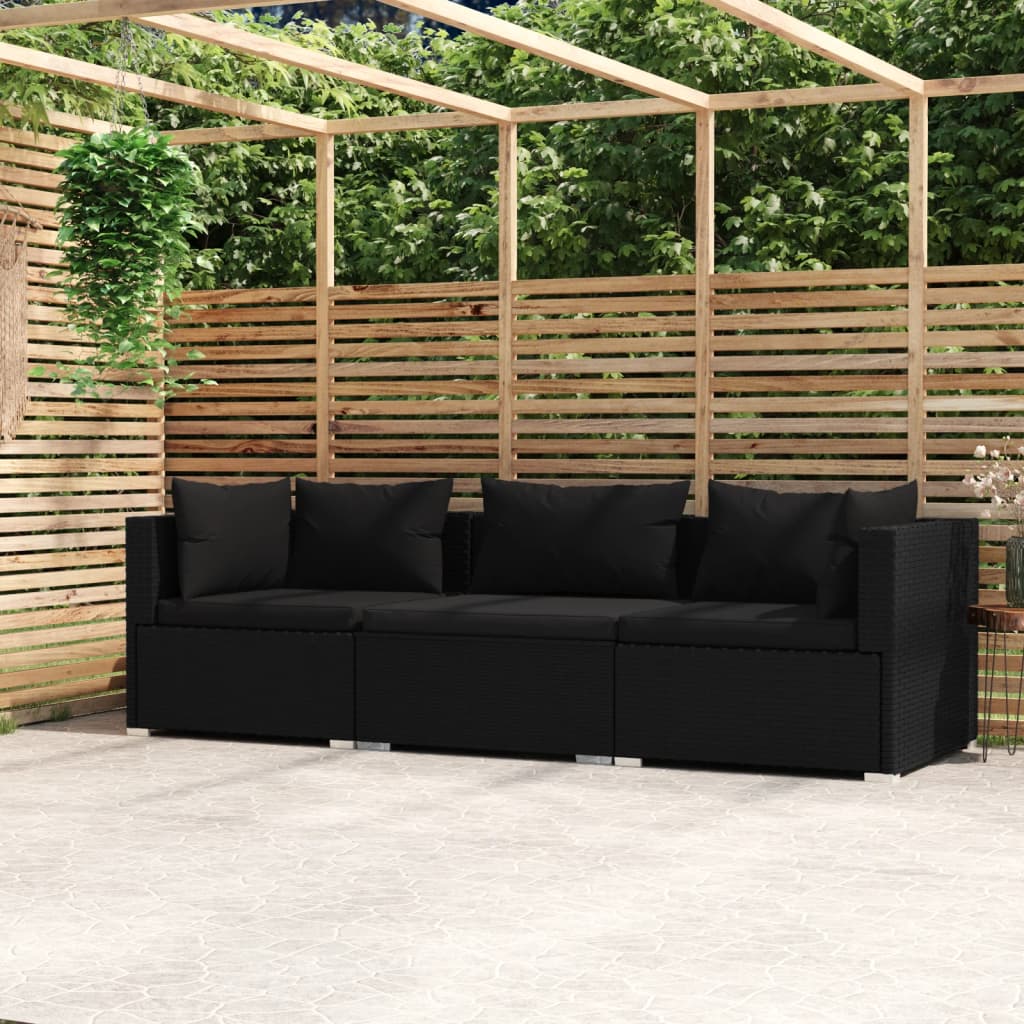 Divano A 3 Posti Con Cuscini In Polyrattan Nero