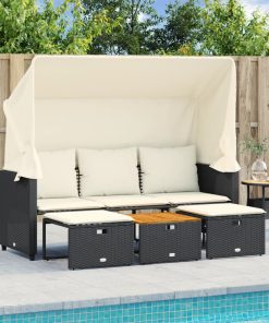 Divano Giardino 3 Posti Baldacchino E Sgabelli Nero Polyrattan
