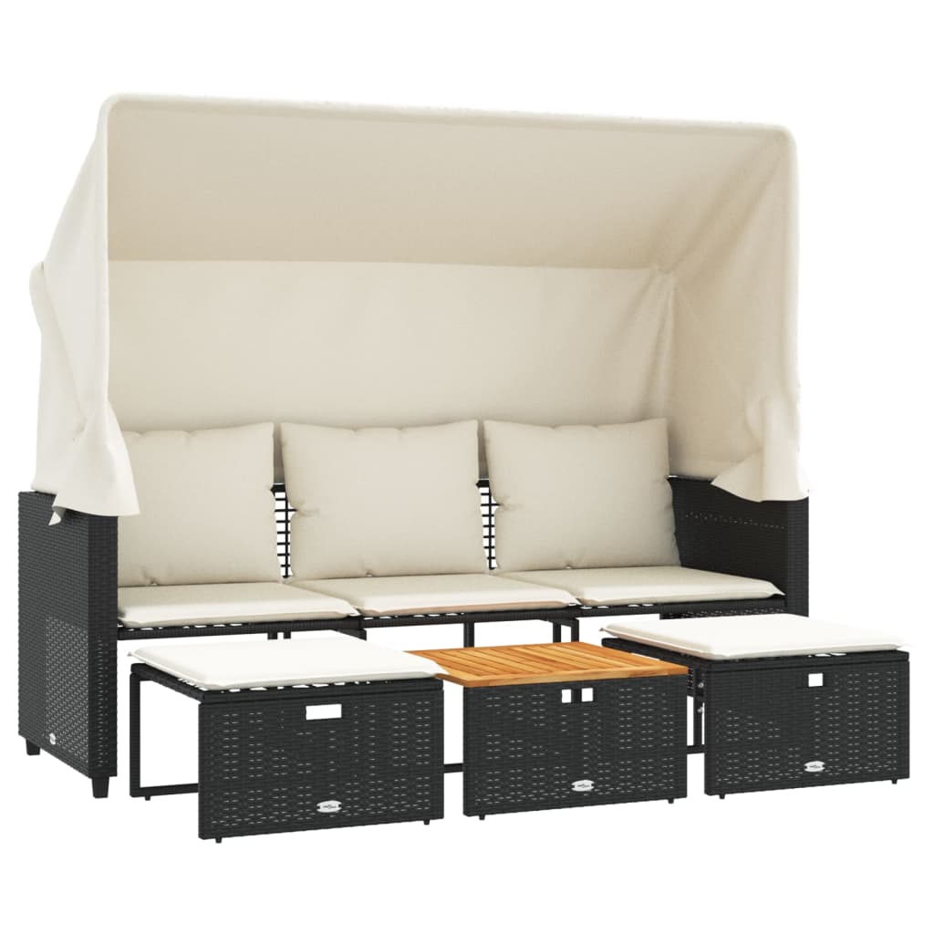 Divano Giardino 3 Posti Baldacchino E Sgabelli Nero Polyrattan - Image 6