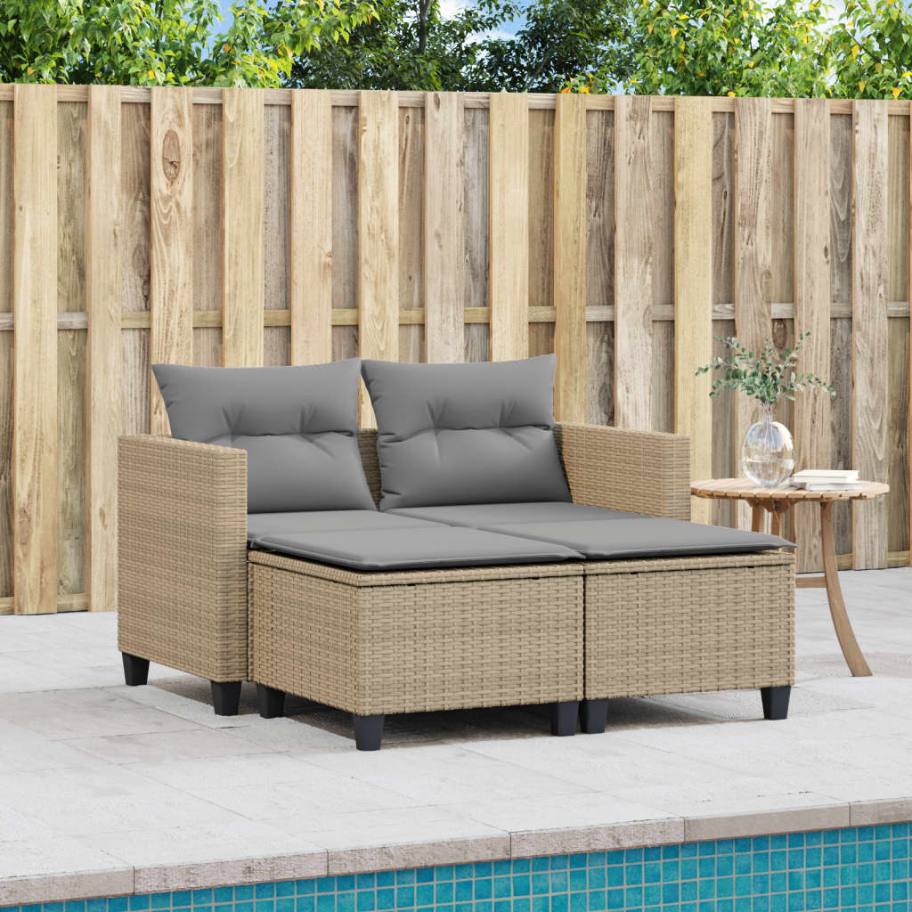 Divano Da Giardino 2 Posti Con Sgabelli Beige In Polyrattan