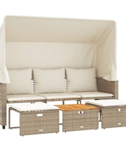 Divano Giardino 3 Posti Baldacchino E Sgabelli Beige Polyrattan