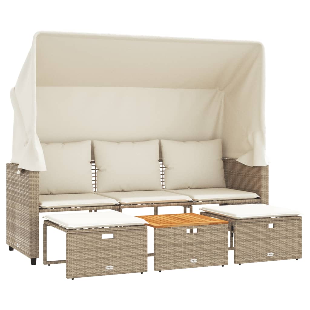Divano Giardino 3 Posti Baldacchino E Sgabelli Beige Polyrattan