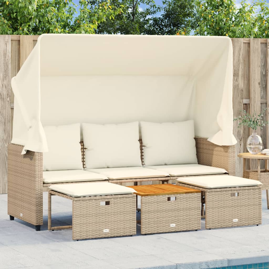 Divano Giardino 3 Posti Baldacchino E Sgabelli Beige Polyrattan - Image 3