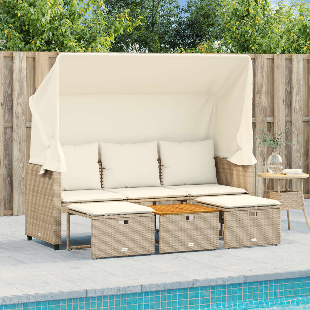 Divano Giardino 3 Posti Baldacchino E Sgabelli Beige Polyrattan - Image 6