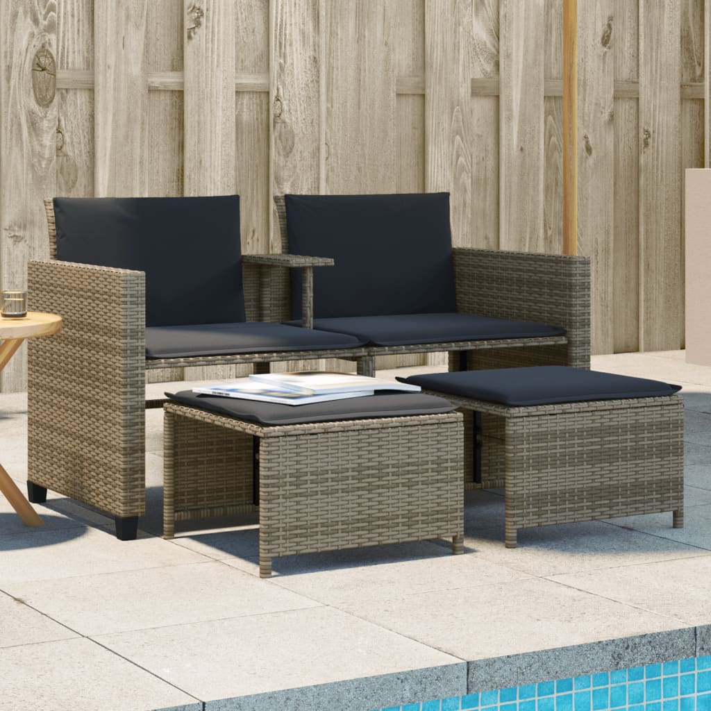 Divano Giardino 2 Posti Con Tavolo E Sgabelli Grigio Polyrattan - Image 3