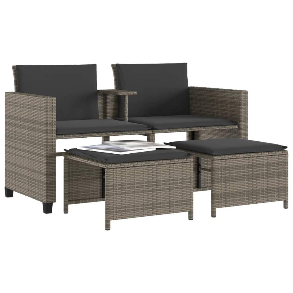 Divano Giardino 2 Posti Con Tavolo E Sgabelli Grigio Polyrattan - Image 6