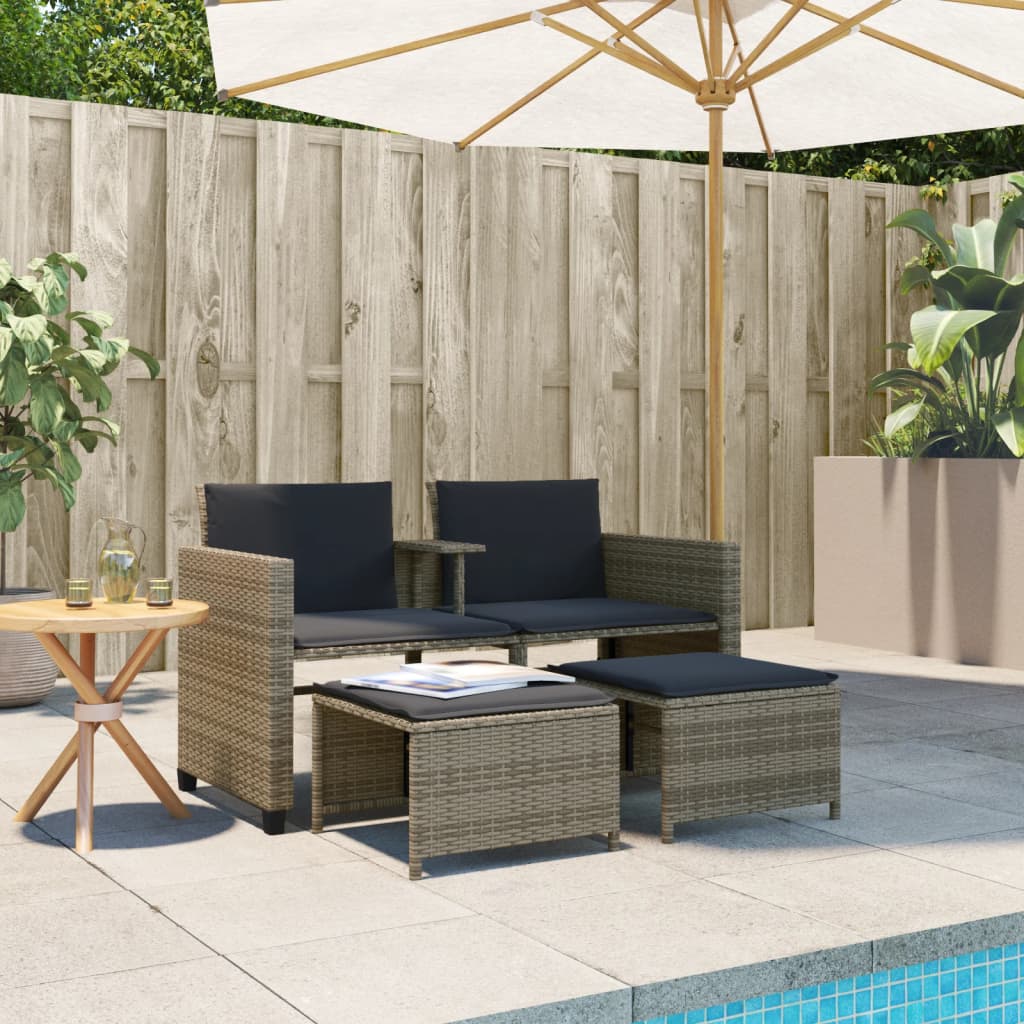 Divano Giardino 2 Posti Con Tavolo E Sgabelli Grigio Polyrattan - Image 5