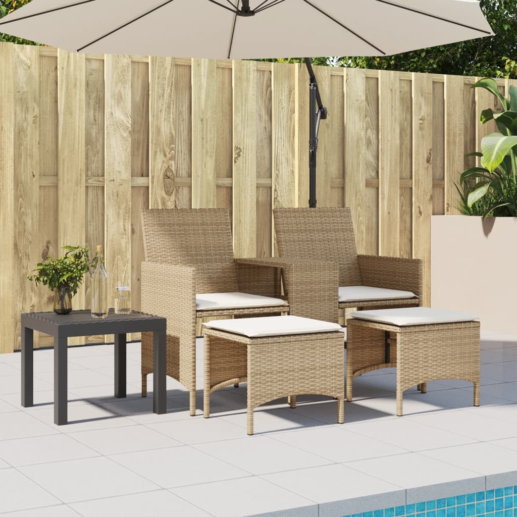 Divano Giardino 2 Posti Con Tavolo E Sgabelli Beige Polyrattan - Image 2