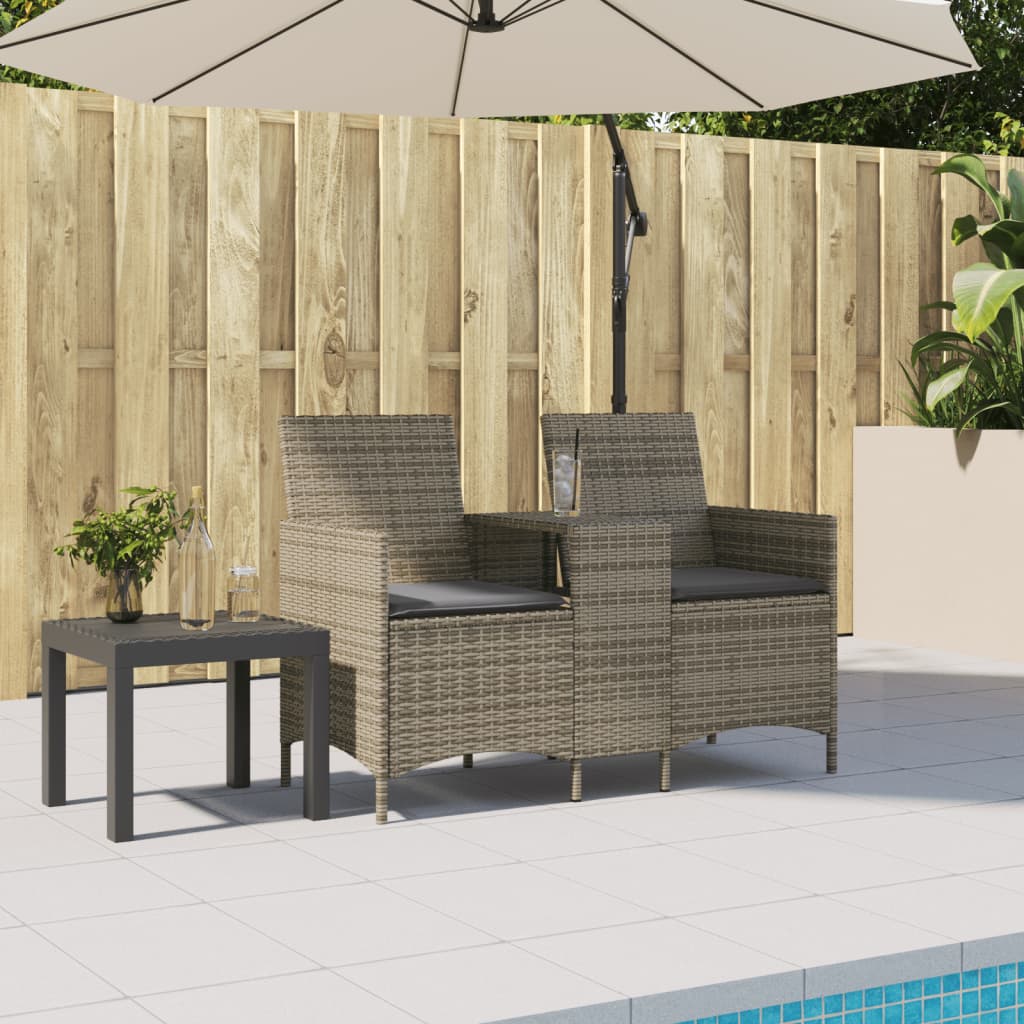 Divano Giardino 2 Posti Con Tavolo E Cuscini Grigio Polyrattan - Image 6