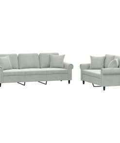 Set Di Divani 2 Pz Con Cuscini Grigio Chiaro In Velluto