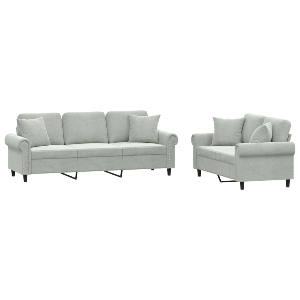 Set Di Divani 2 Pz Con Cuscini Grigio Chiaro In Velluto
