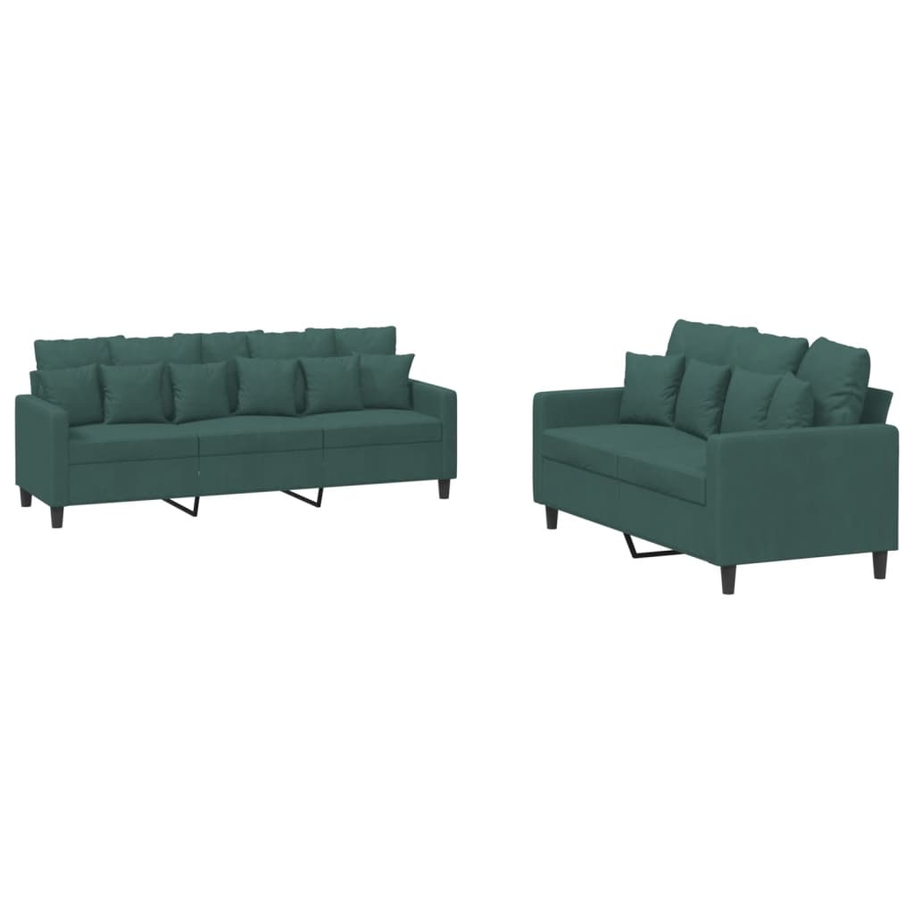 Set Di Divani 2 Pz Con Cuscini Verde Scuro In Velluto