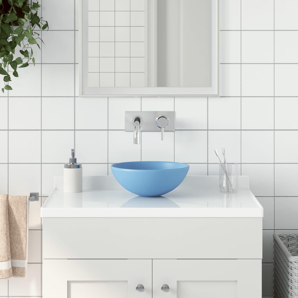 Lavandino Da Bagno In Ceramica Azzurro Rotondo