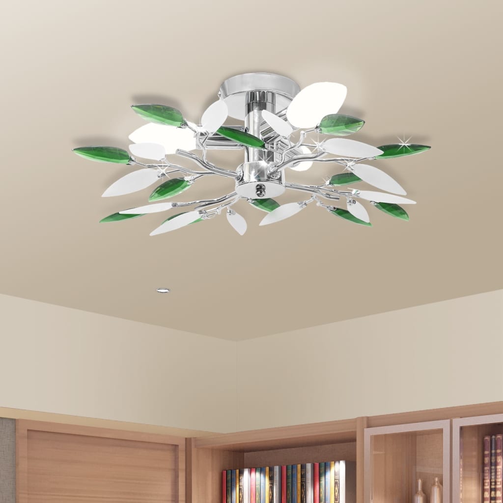 Lampada Soffitto Foglie Bianco E Verde Cristallo Acrilico 3xe14