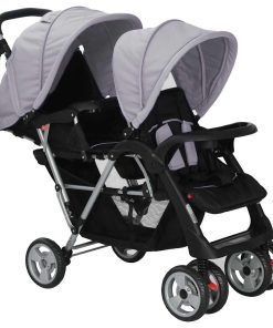 Passeggino Gemellare A Tandem In Acciaio Grigio E Nero