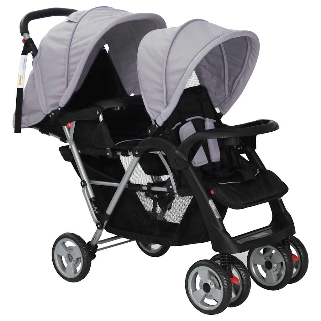 Passeggino Gemellare A Tandem In Acciaio Grigio E Nero