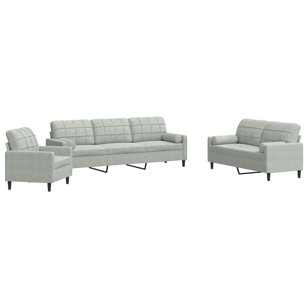Set Di Divani 3 Pz Con Cuscini E Rinforzi Grigio Chiaro Velluto