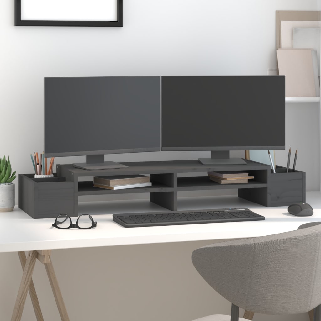 Supporto Per Monitor Grigio100x27,5x15cm Legno Massello Di Pino