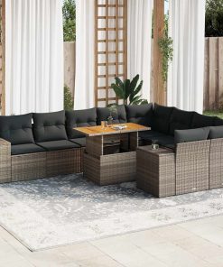 Divano Giardino 10 Pz Con Cuscini Grigio In Polyrattan Acacia
