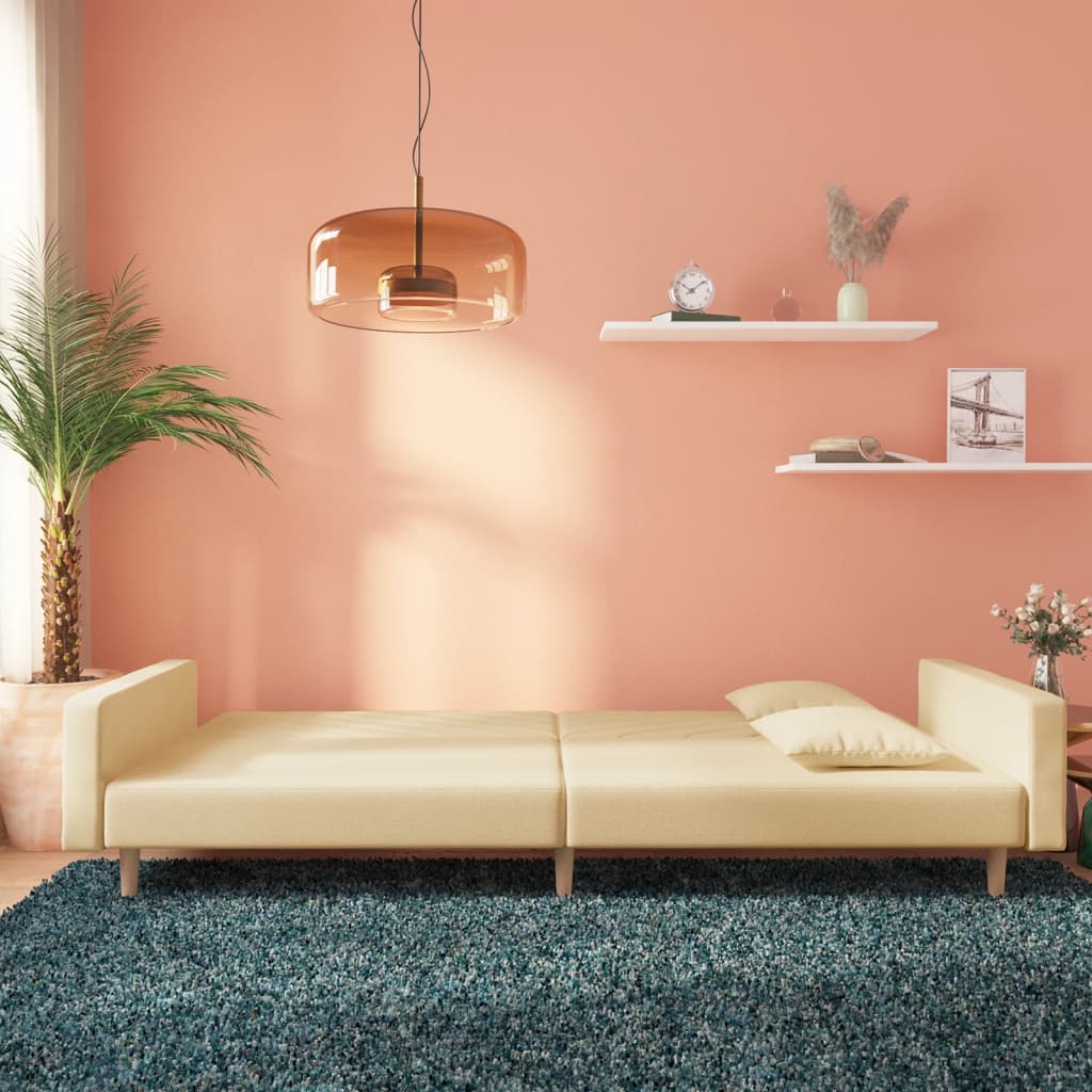 Divano Letto A 2 Posti Con 2 Cuscini Crema In Tessuto - Image 5