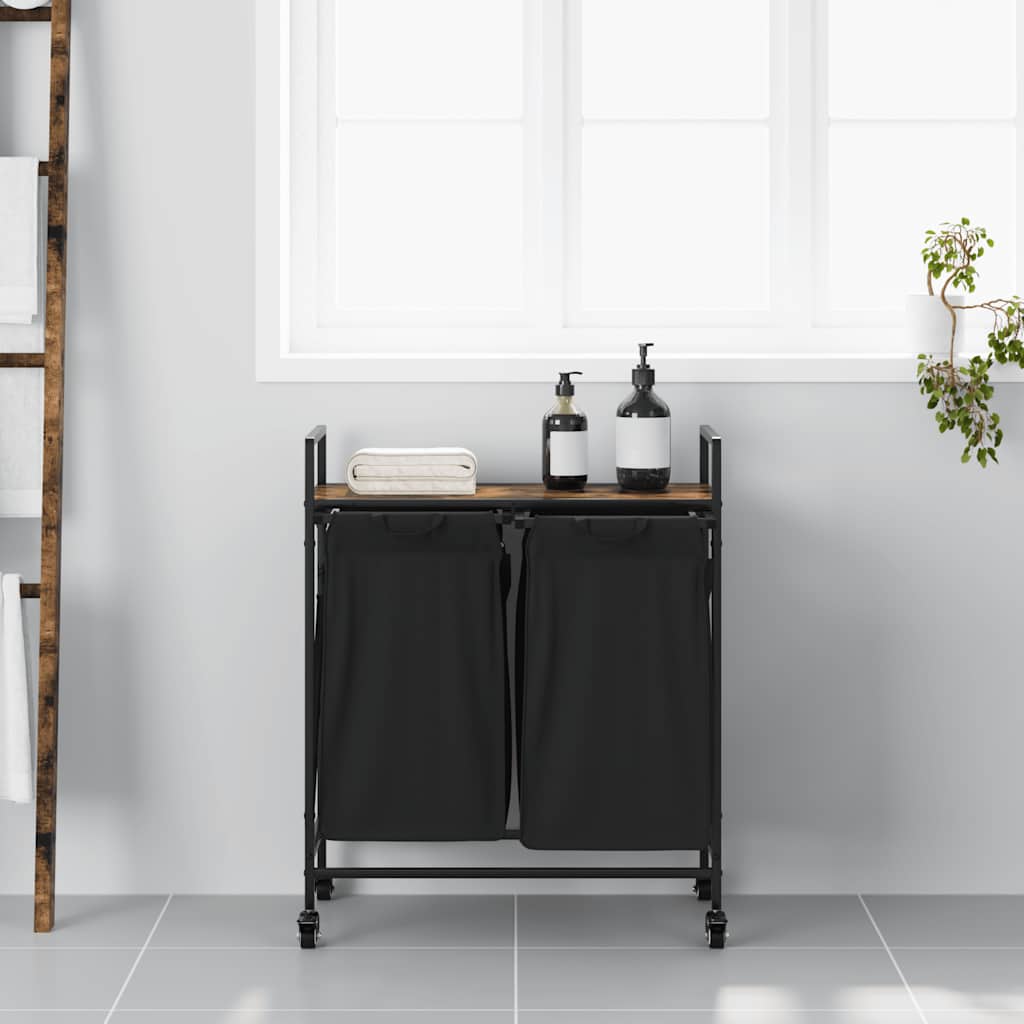 Cesto Portabiancheria 2 Scomparti Con Ruote Rovere Fumo