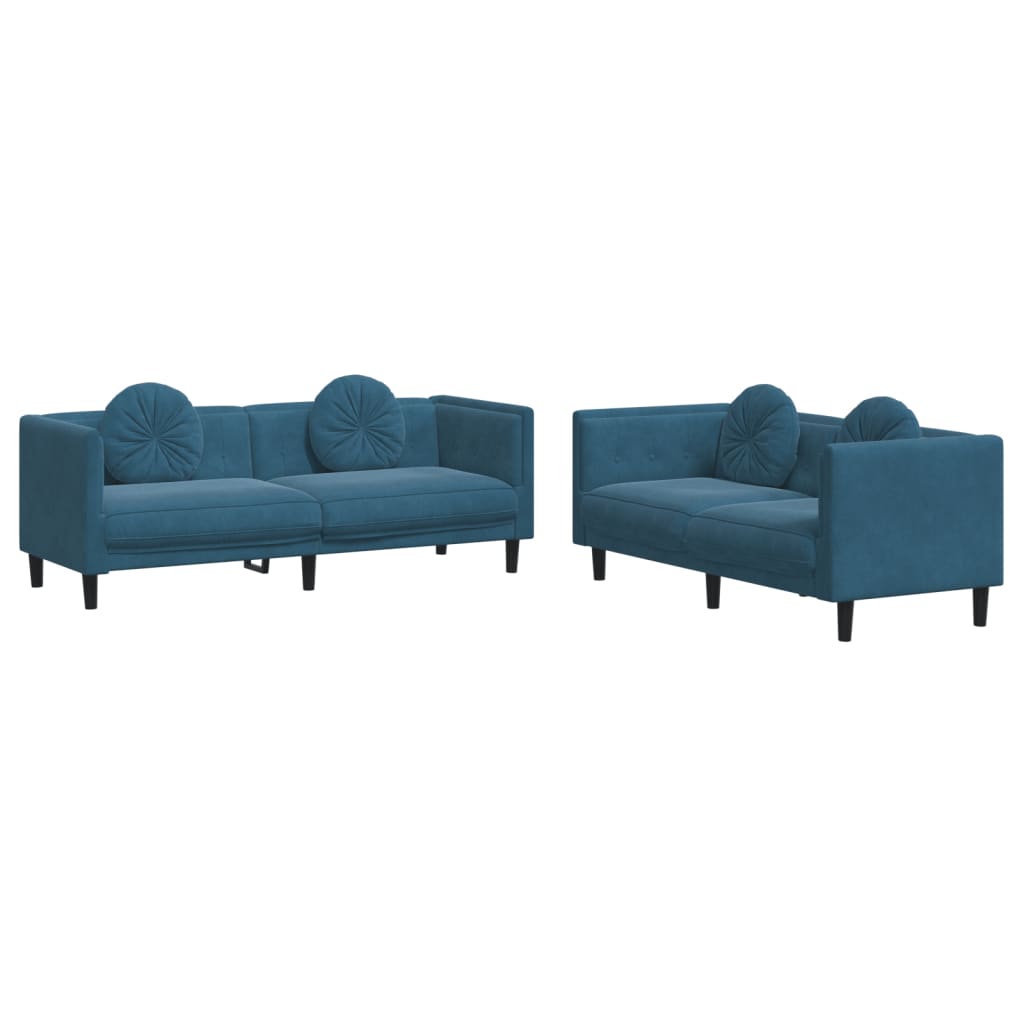Set Di Divani 2 Pz Con Cuscini Blu In Velluto
