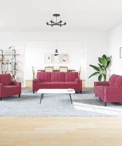 Set Di Divani 3 Pz Con Cuscini E Rinforzi Rosso Vino In Velluto