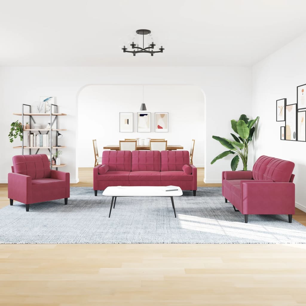 Set Di Divani 3 Pz Con Cuscini E Rinforzi Rosso Vino In Velluto