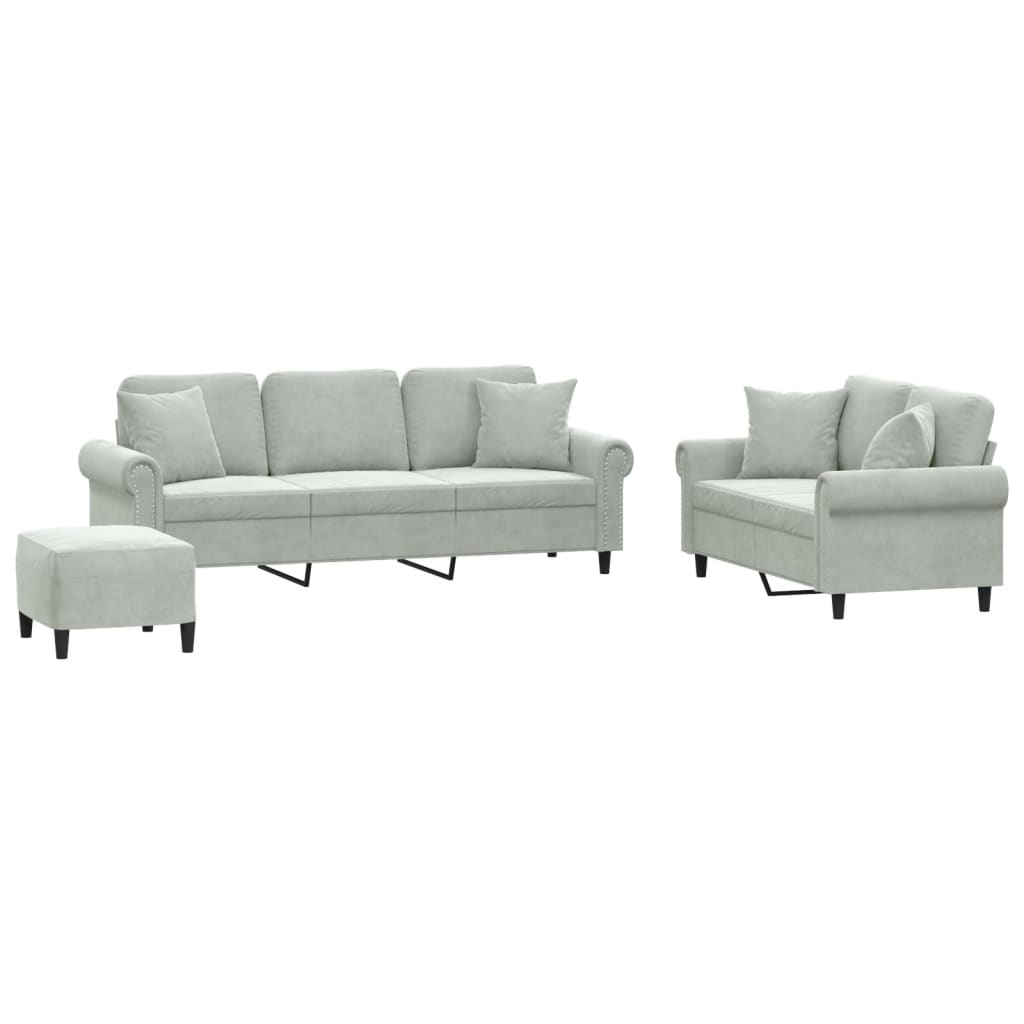 Set Di Divani 3 Pz Con Cuscini Grigio Chiaro In Velluto