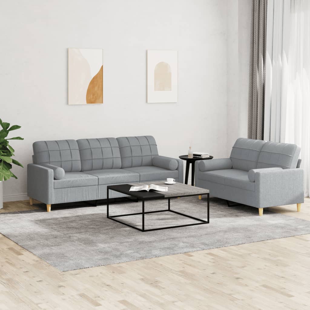 Set Divani 2 Pz Con Cuscini Grigio Chiaro In Tessuto