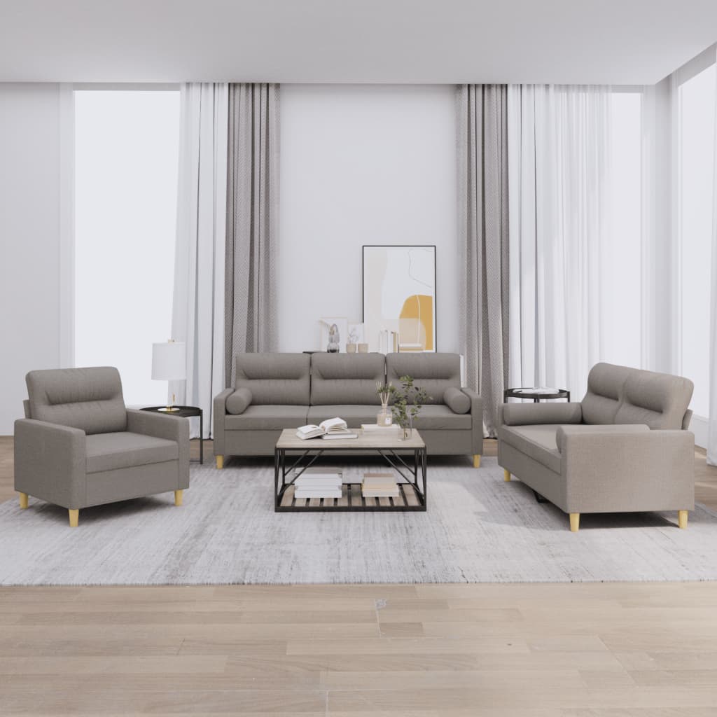 Set Divani 3 Pz Con Cuscini Tortora In Tessuto