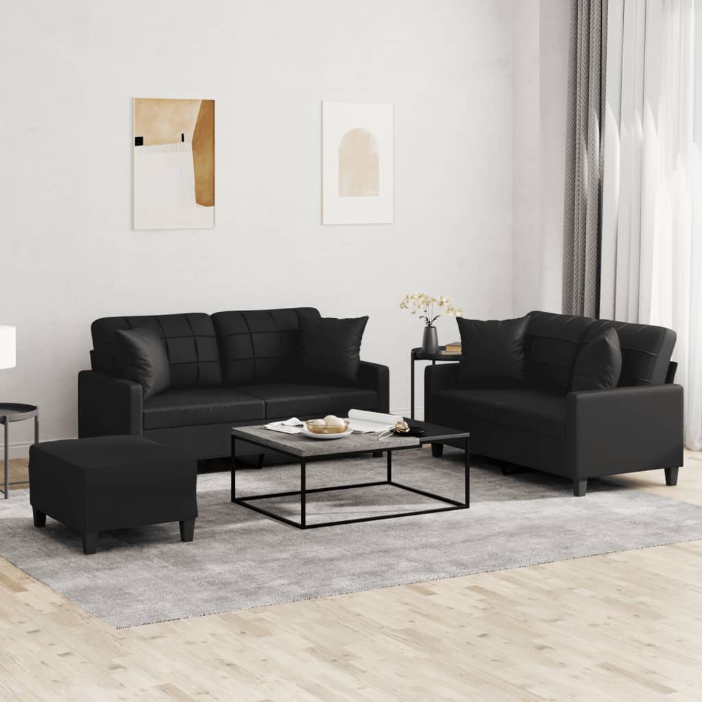 Set Di Divani 3 Pz Con Cuscini Nero In Similpelle