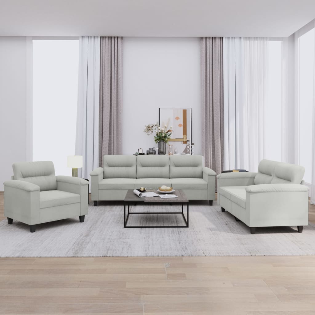 Set Divani 3 Pz Con Cuscini Grigio Chiaro In Tessuto Microfibra