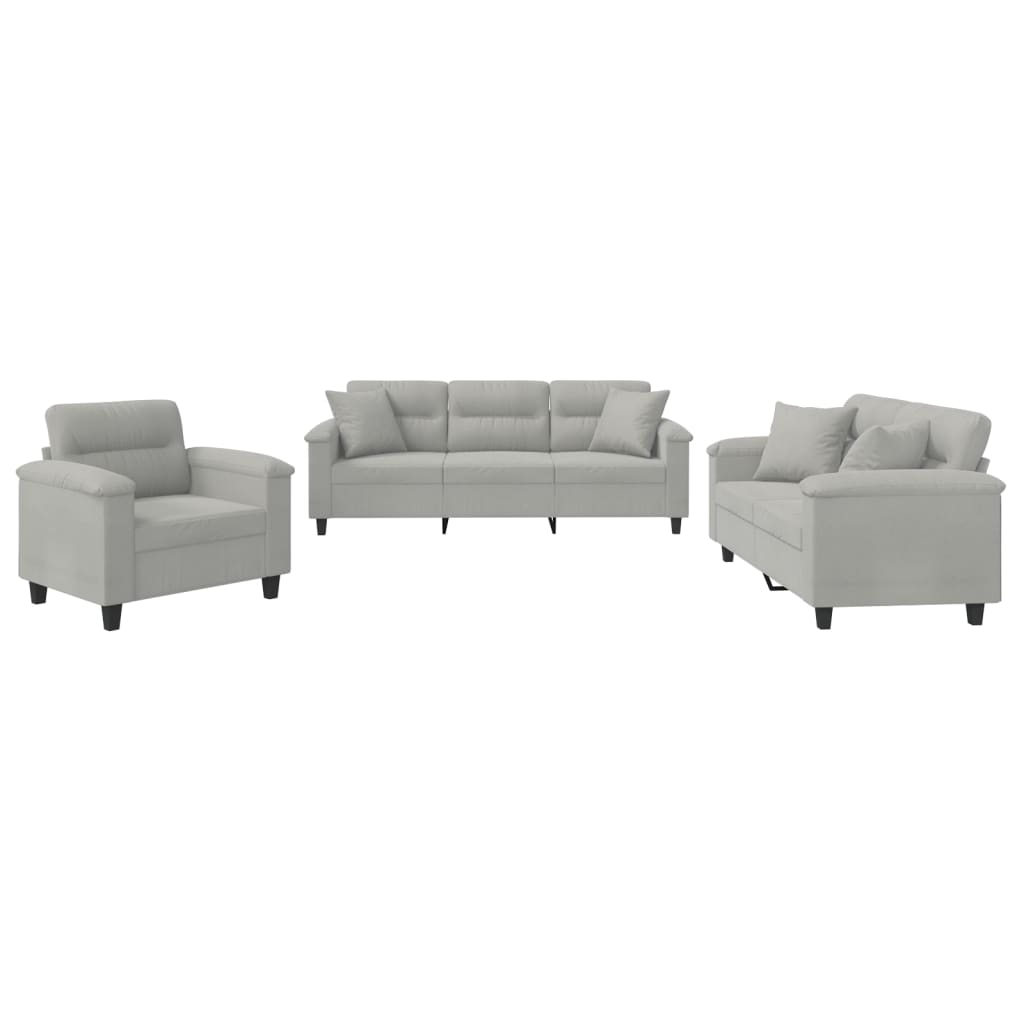 Set Divani 3 Pz Con Cuscini Grigio Chiaro In Tessuto Microfibra
